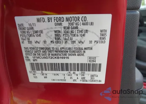 2012 Ford Escape Xlt from USA, damaged, VIN 1FMCU9D72CKB16916
